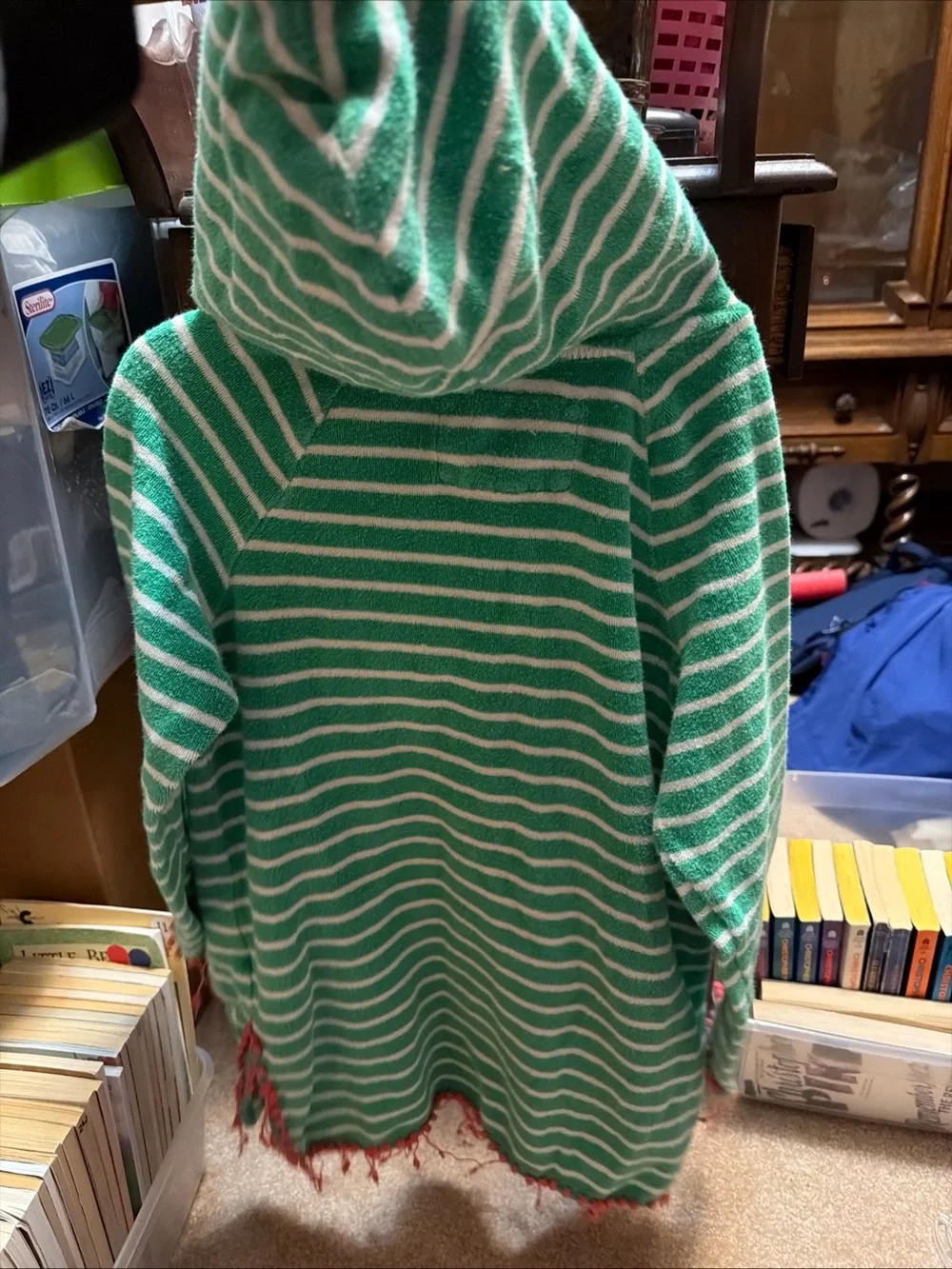 Boden Girls green and white striped terry towelling hoodie cover-up 7/8